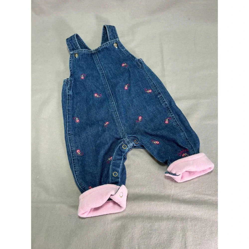 OshKosh Baby Denim Overalls Blue Embroidered Flowers Pink Fleece Trimmed 3-6M